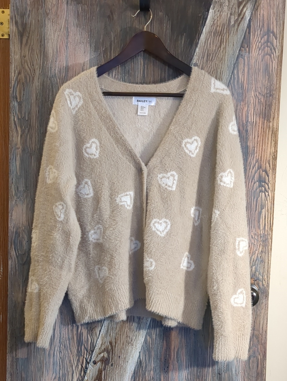 Bailey 44 Heart Pattern Beige Fuzzy Cardigan Knit Sweater V-Neck Cozy Soft